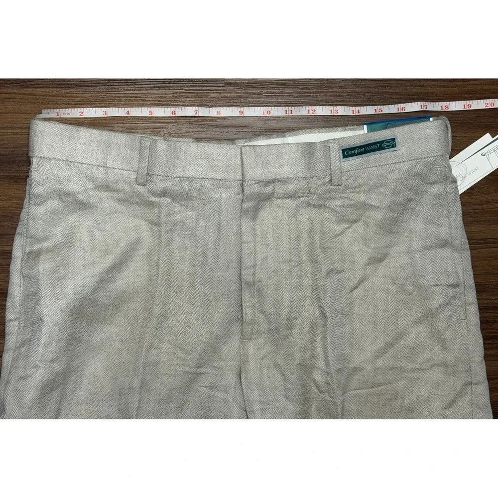 Cubavera Men's Linen Blend Flat Front Herringbone Pants Beige Sz 36x32 NWT